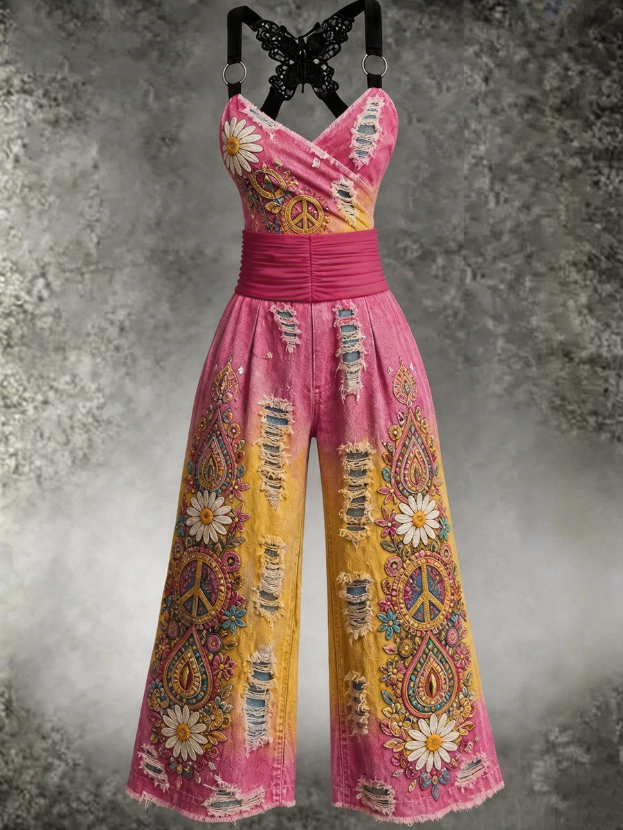 Women's Retro Art Print Butterfly Cross Adjustable Shoulder Strap Casual Jumpsuit